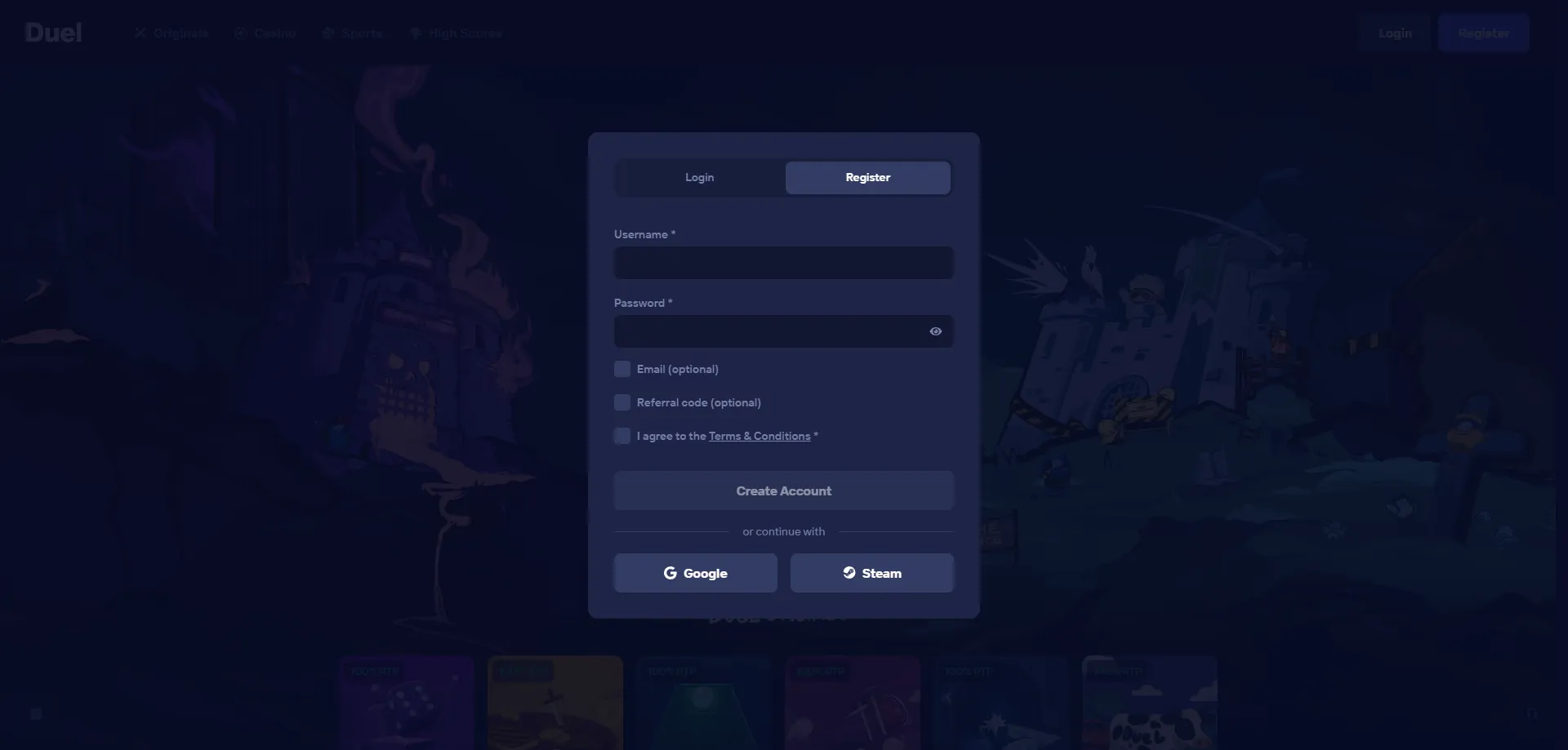 Cadastro e registro de conta no Duel Casino BR